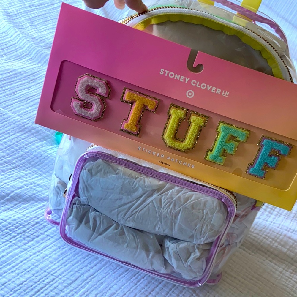 Stoney Clover clear backpack with STUFF patch set. NWT
